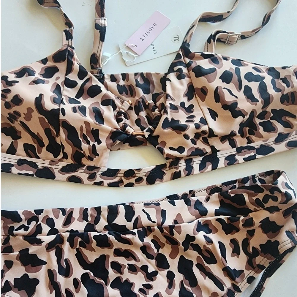 EJSOYO Leopard Print High Waisted‎ Bikini Set Tan Brown XL New With Tags
